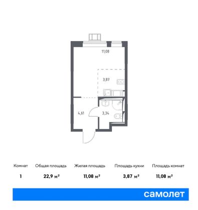 22,9 м², студия, 8/16 этаж