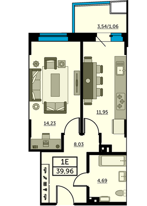 39,7 м², 1-комн. квартира, 25/27 этаж