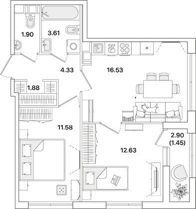 53,9 м², 2-комн. квартира, 6/12 этаж