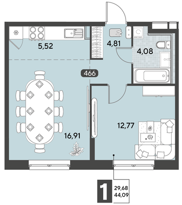 Продажа 2-комнатной квартиры 44,1 м², 12/21 этаж