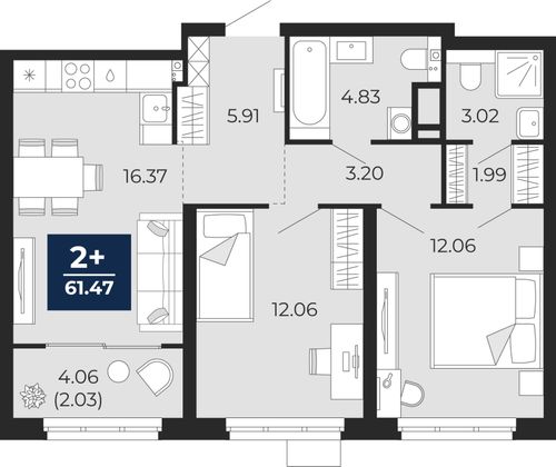 61,5 м², 2-комн. квартира, 2/22 этаж