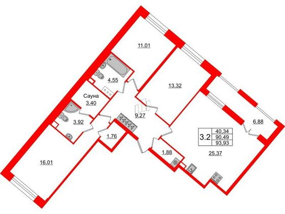 Продажа 3-комнатной квартиры 90,5 м², 2/12 этаж