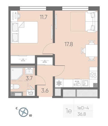 Продажа 1-комнатной квартиры 36,8 м², 2/4 этаж