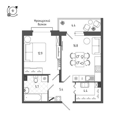 47,8 м², 1-комн. квартира, 2/12 этаж