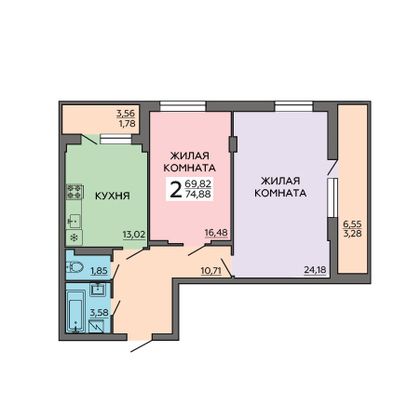 Продажа 2-комнатной квартиры 75,4 м², 3/12 этаж