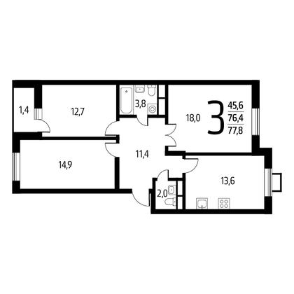 77,8 м², 3-комн. квартира, 3/9 этаж