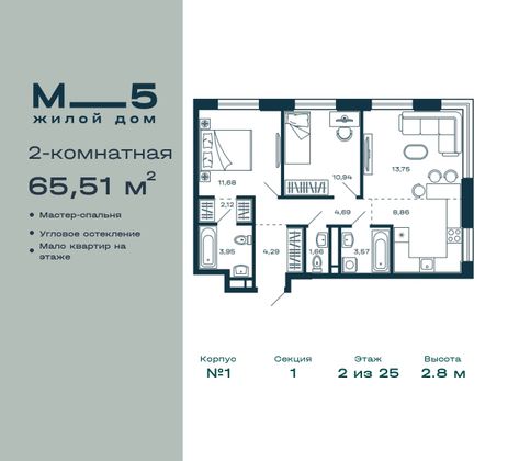 65,5 м², 2-комн. квартира, 2/25 этаж