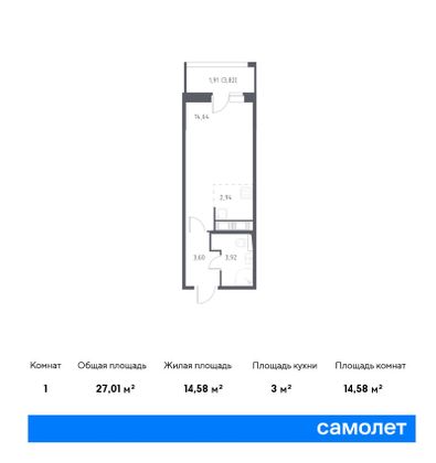 27 м², студия, 8/9 этаж