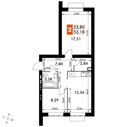 53,2 м², 2-комн. квартира, 2/4 этаж