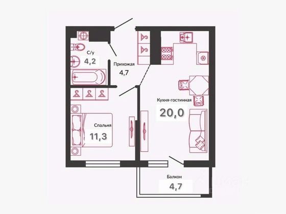Продажа 1-комнатной квартиры 41,6 м², 11/23 этаж