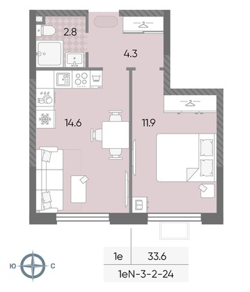 33,6 м², 1-комн. квартира, 14/24 этаж