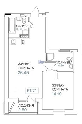 Продажа 2-комнатной квартиры 51,7 м², 2/6 этаж