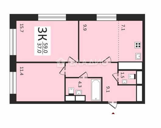 Продажа 2-комнатной квартиры 59 м², 25/25 этаж