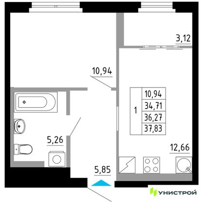 36,3 м², 1-комн. квартира, 2/27 этаж