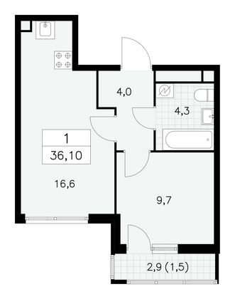 36,1 м², своб. планировка, 14/30 этаж