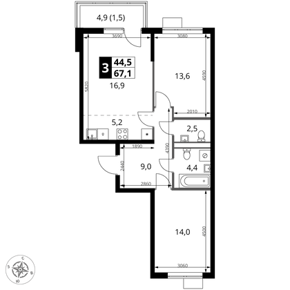 67,1 м², 3-комн. квартира, 2/9 этаж