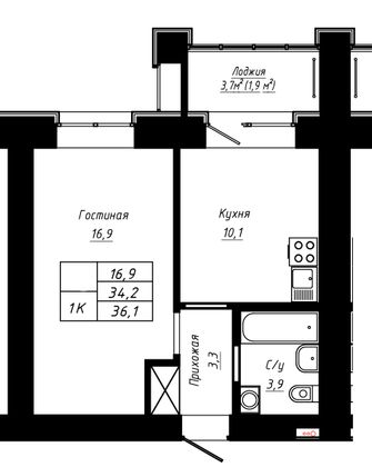 Продажа 1-комнатной квартиры 36,1 м², 5/16 этаж