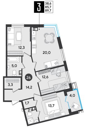 89,7 м², 3-комн. квартира, 5/16 этаж