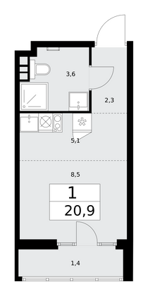 20,9 м², 1-комн. квартира, 13/15 этаж