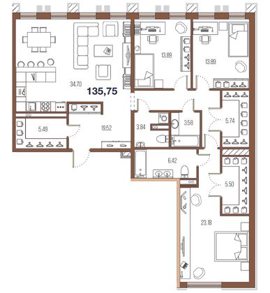 135,8 м², 4-комн. квартира, 2/8 этаж