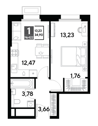 Продажа 1-комнатной квартиры 34,9 м², 13/25 этаж