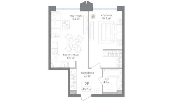 Продажа 1-комнатной квартиры 45,7 м², 4/25 этаж