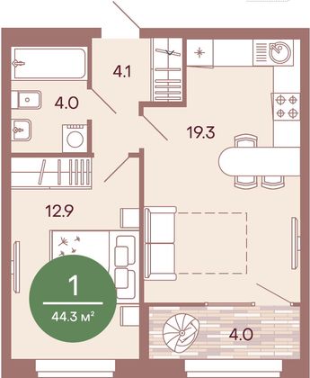 Продажа 1-комнатной квартиры 44,3 м², 1/17 этаж