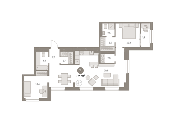 82,7 м², 2-комн. квартира, 8/8 этаж