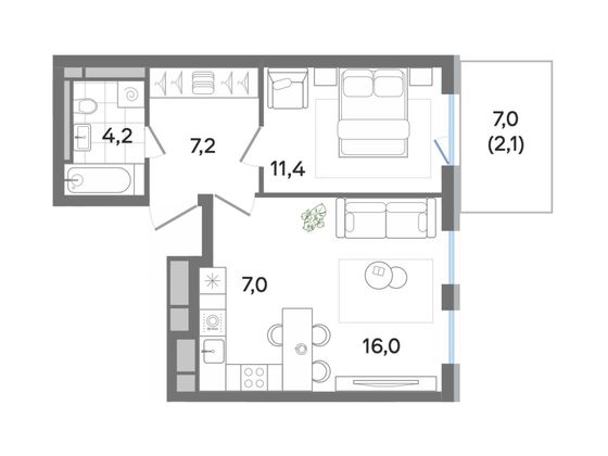 47,9 м², 2-комн. квартира, 1/4 этаж