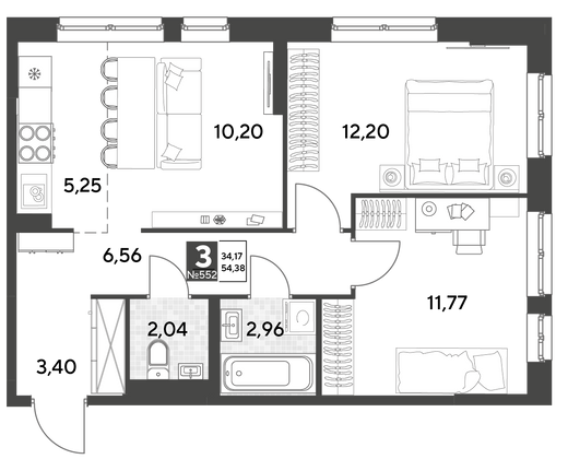 Продажа 3-комнатной квартиры 54,4 м², 1/25 этаж