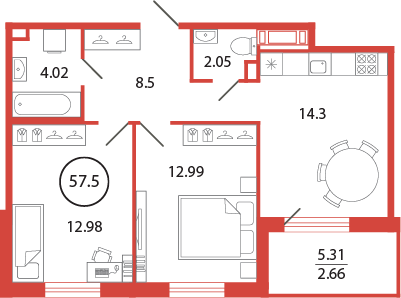 Продажа 2-комнатной квартиры 57,5 м², 12/12 этаж