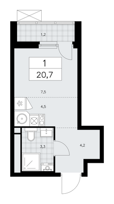 20,7 м², своб. планировка, 12/16 этаж