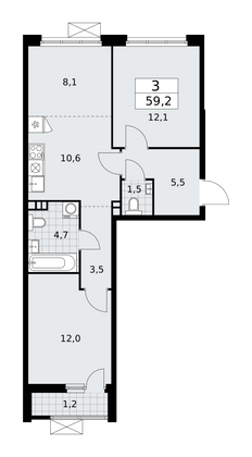 59,2 м², 3-комн. квартира, 3/18 этаж