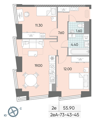Продажа 2-комнатной квартиры 55,9 м², 43/58 этаж
