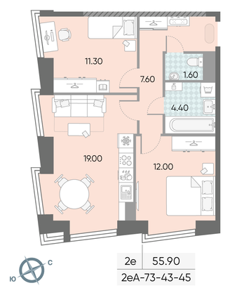 55,9 м², 2-комн. квартира, 43/58 этаж