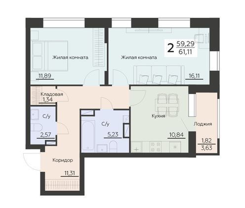 Продажа 2-комнатной квартиры 61,1 м², 2 этаж