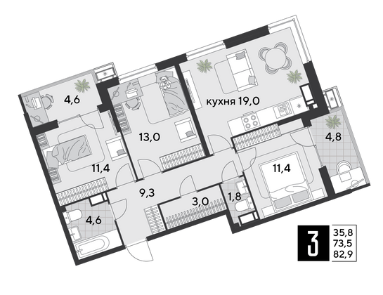 Продажа 3-комнатной квартиры 82,9 м², 12/18 этаж