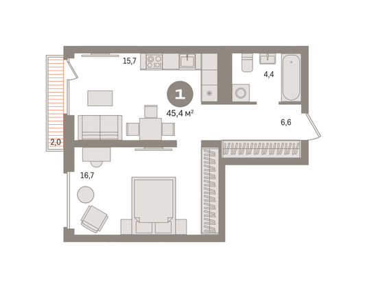 Продажа 1-комнатной квартиры 45,4 м², 3/14 этаж