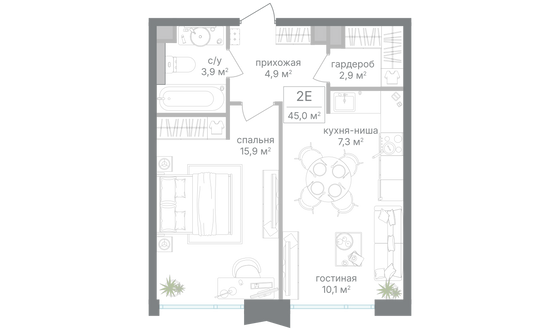 Продажа 1-комнатной квартиры 45 м², 7/24 этаж