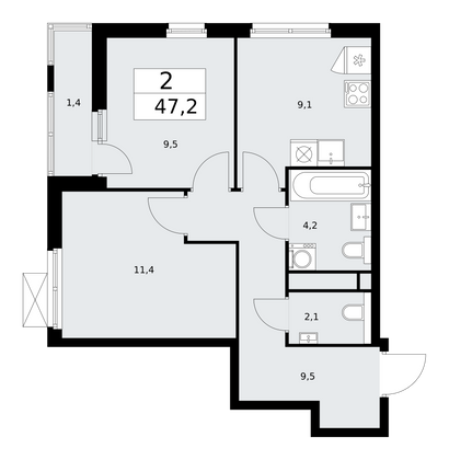 47,2 м², своб. планировка, 12/13 этаж