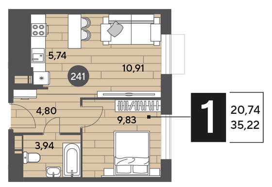 Продажа 1-комнатной квартиры 35,2 м², 14/15 этаж