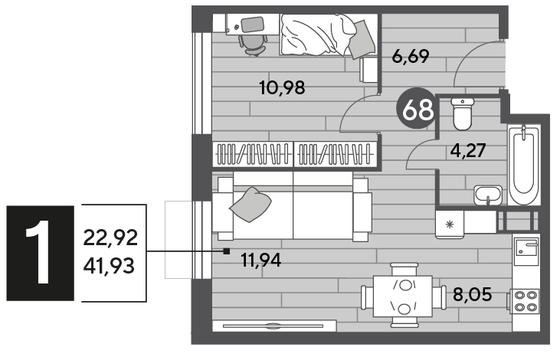 Продажа 1-комнатной квартиры 41,9 м², 2/10 этаж