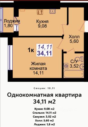 Продажа 1-комнатной квартиры 34,1 м², 2/10 этаж