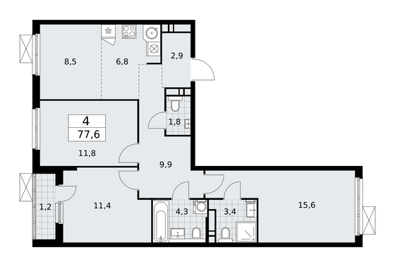 77,6 м², 4-комн. квартира, 10/16 этаж