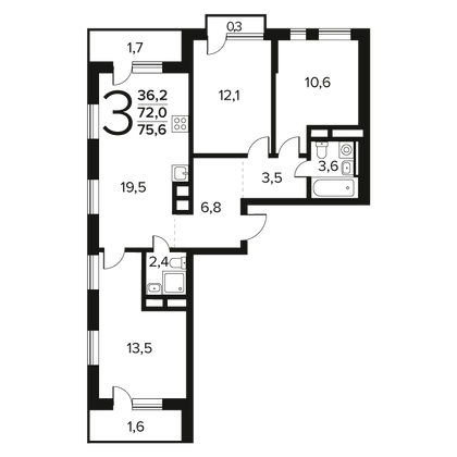 75,6 м², 3-комн. квартира, 8/14 этаж