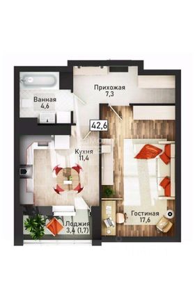 Продажа 1-комнатной квартиры 42,4 м², 11/21 этаж