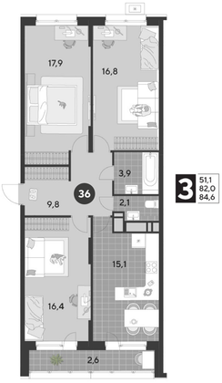 Продажа 3-комнатной квартиры 84,6 м², 4/21 этаж