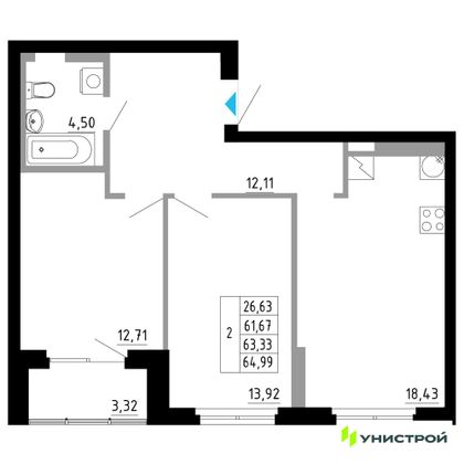 63,3 м², 2-комн. квартира, 13/27 этаж