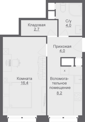 35,3 м², 1-комн. квартира, 16/17 этаж