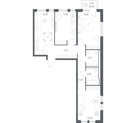 72,5 м², 3-комн. квартира, 10/15 этаж